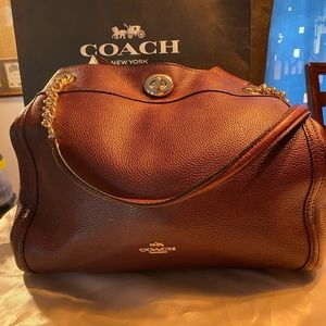 Coach Wine/dark purple leather purse yellow gold accents
